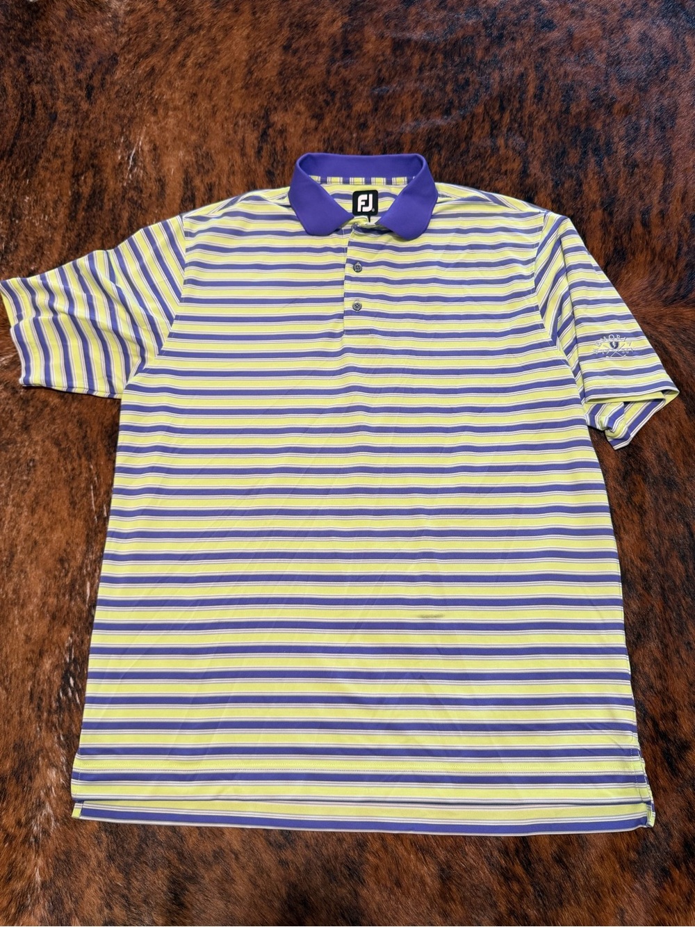 FootJoy Memorial Park Golf Course Polo Shirt Men's XL Purple Yellow Striped FJ